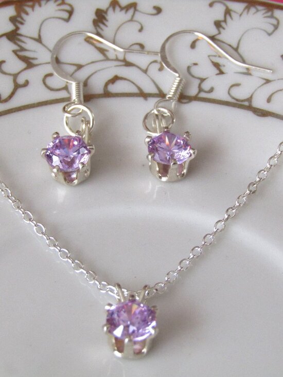 "C" Creations Jewelry - Amethyst 5mm Round Faceted Silverplate Necklace & Matching Amethyst Earrings Set